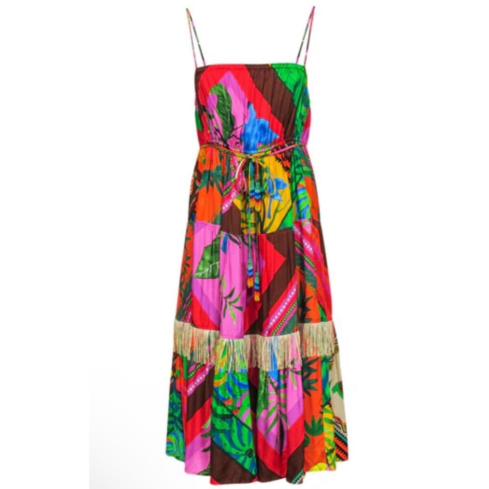 Anthropologie Farm Rio Midi Dress Women Palila Fringe Topical Print Sz XS NWT